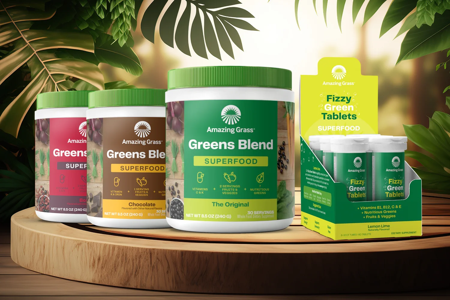 Amazing Grass Greens Blend Superfood on bright leafy background