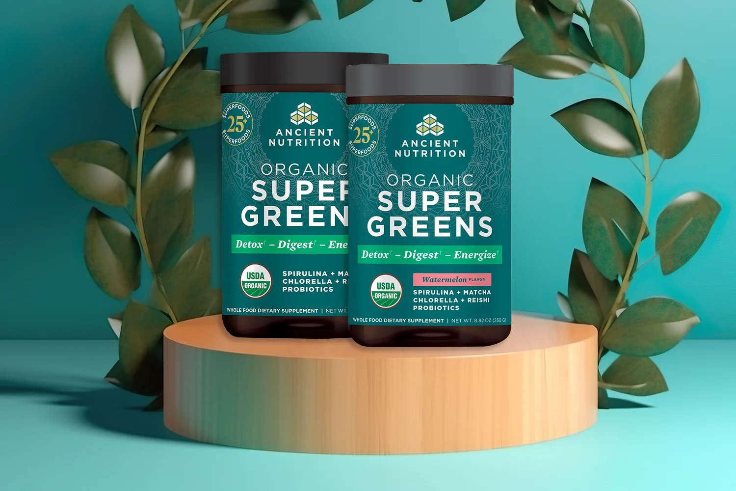 Ancient Nutrition SuperGreens Powder on leafy background