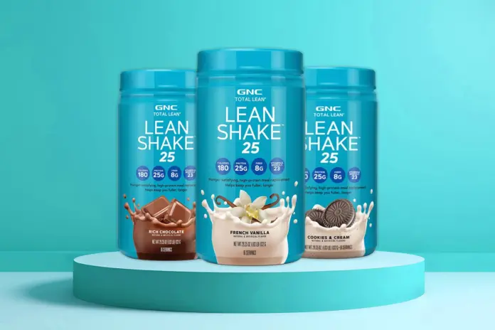 Different flavors of GNC Lean Shakes on blue background