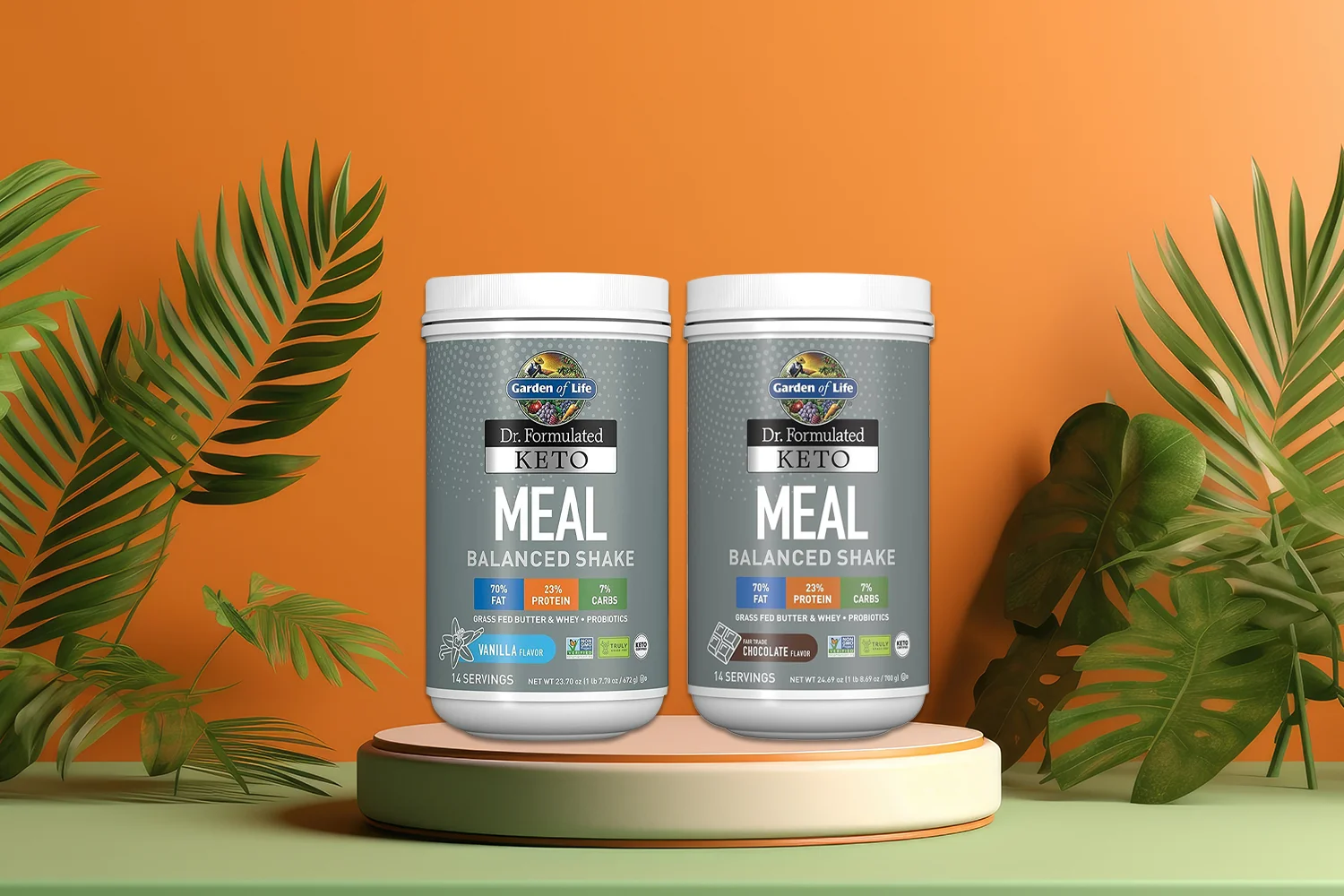 Garden of Life keto meal shake on leafy background