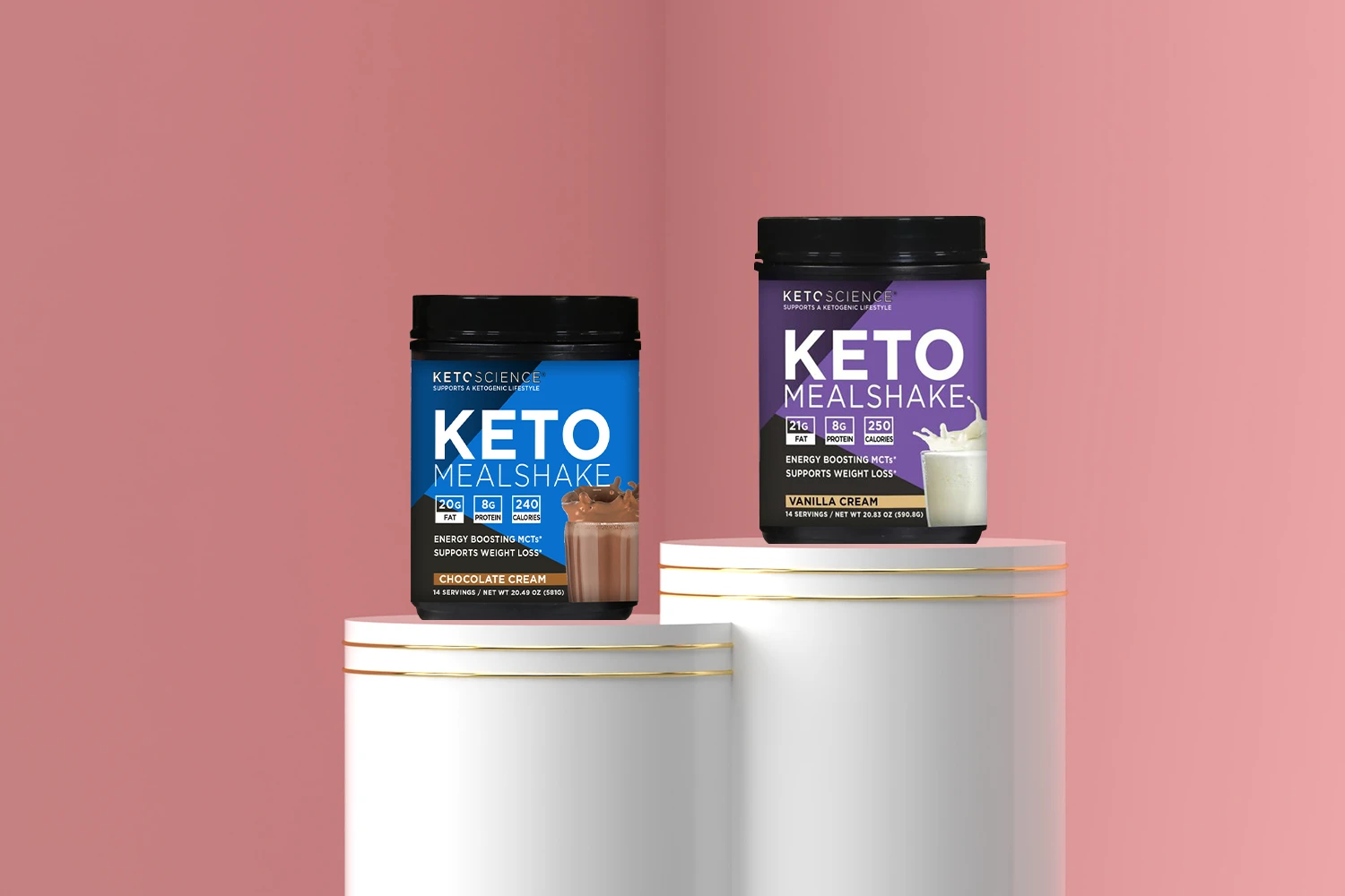 Keto Science ketogenic meal shake on pink background