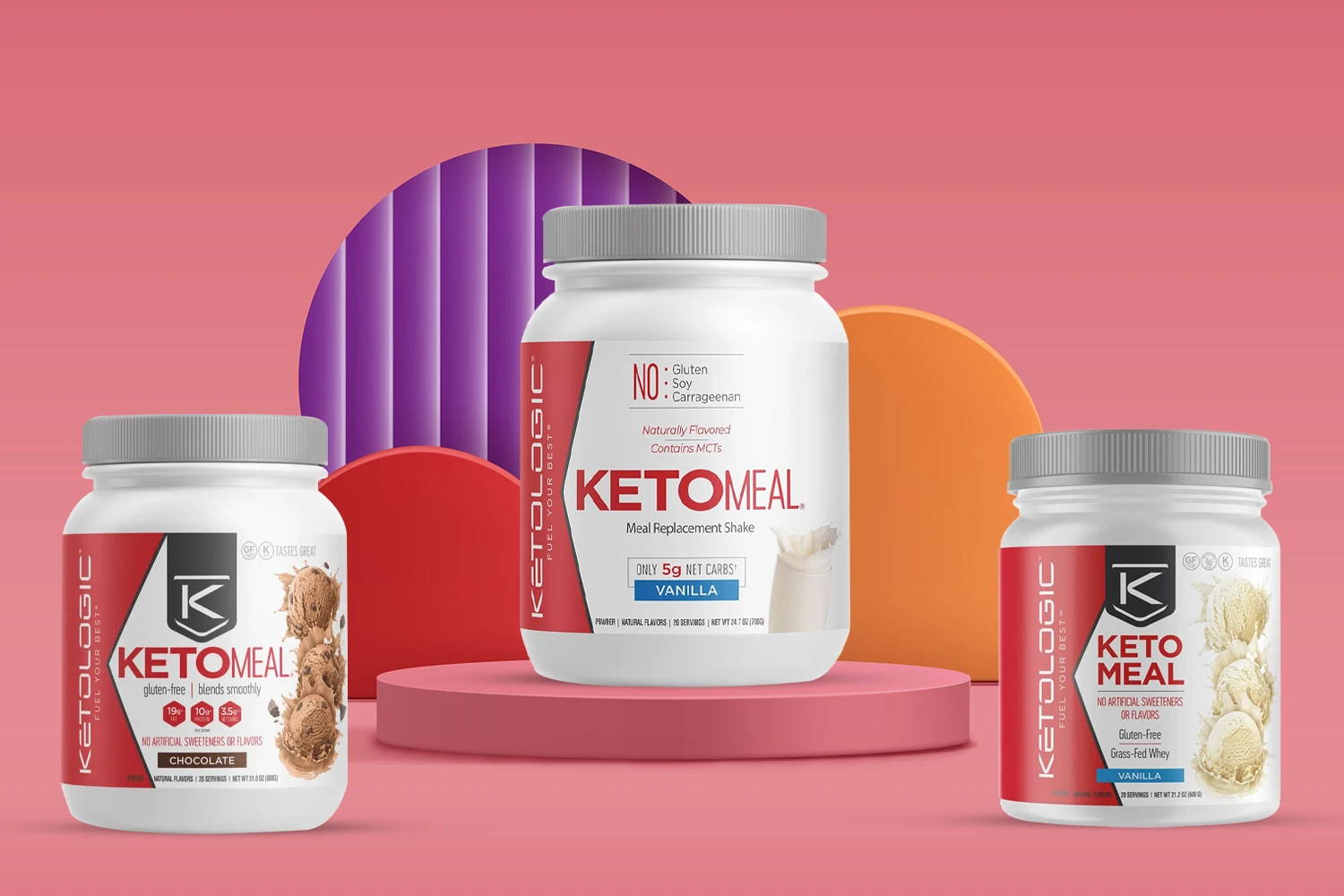 KetoLogic KetoMeal products on pink background