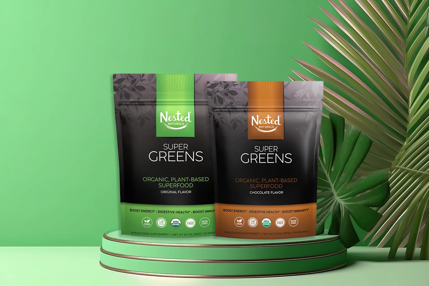 Nested Naturals Super Greens on green leafy background