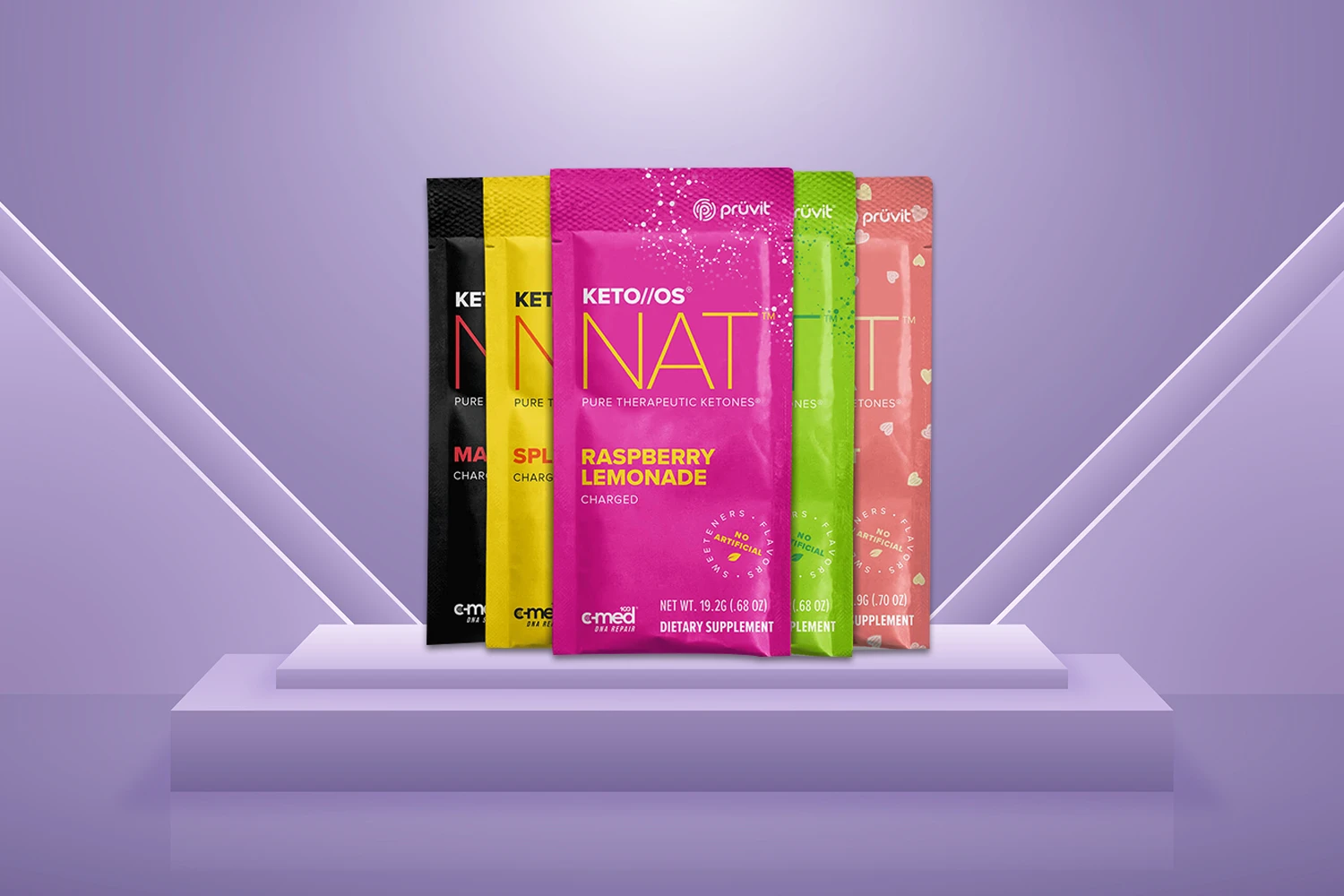 Pruvit KETO OS NAT product packets on purple background