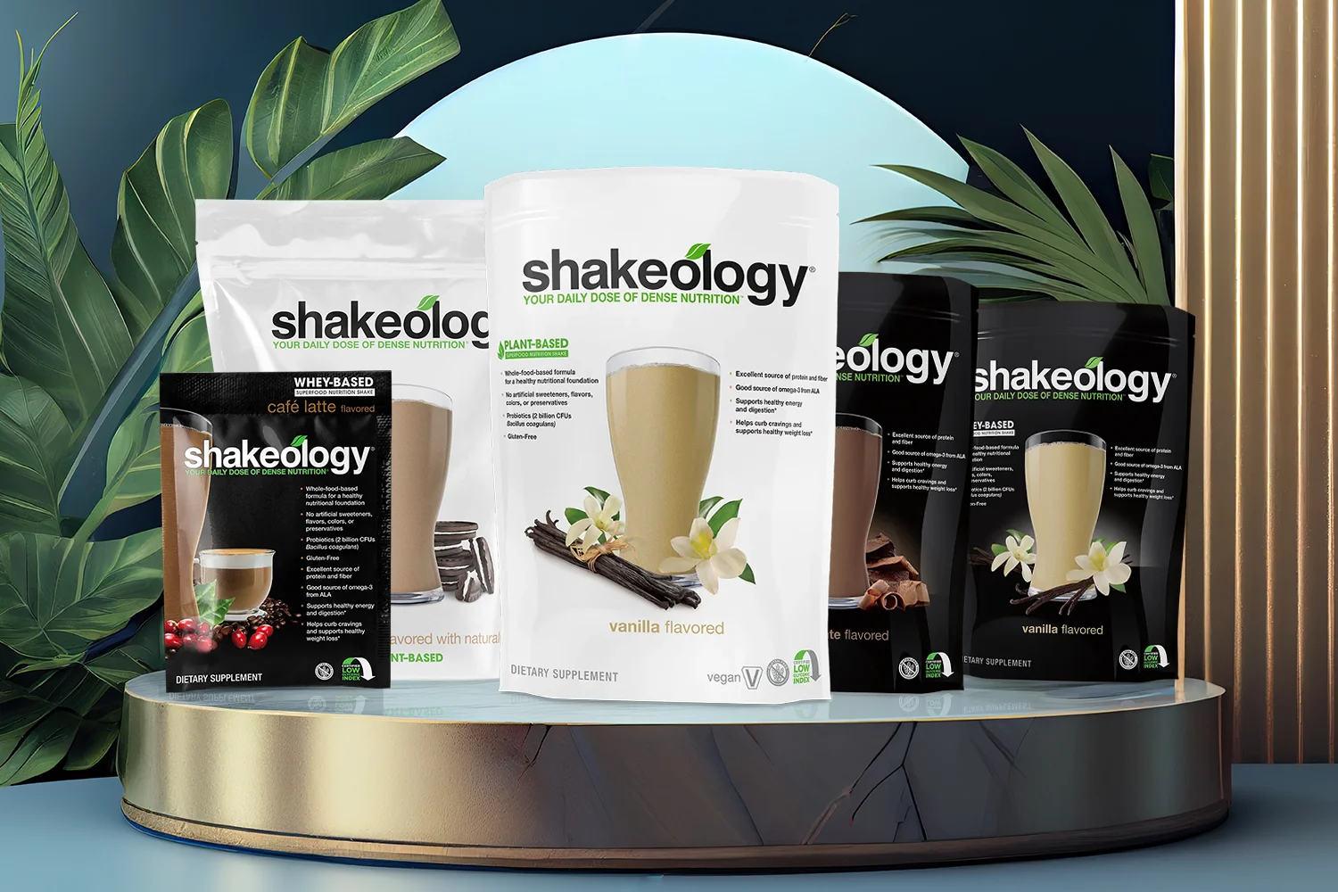 Shakeology Shakes packets on leafy background