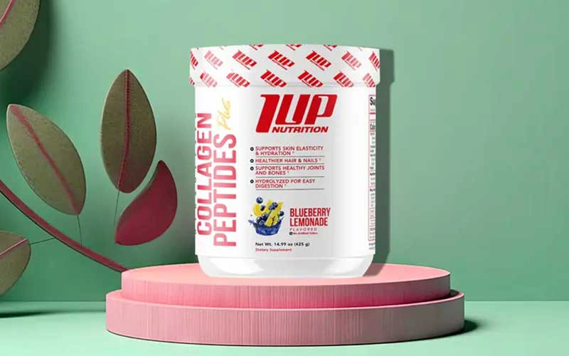 1UP Nutrition Hydrolyzed Collagen Peptides on green background.