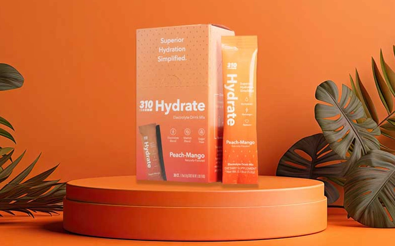 Hydration drink in a packet on an orange background