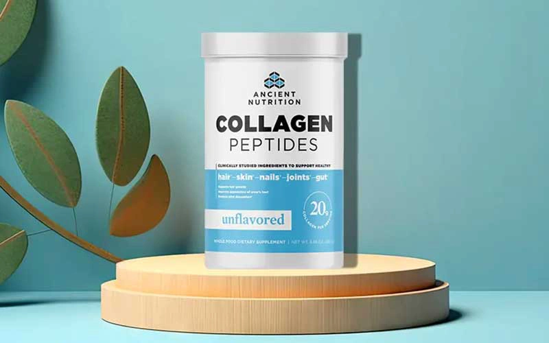 Ancient Nutrition Collagen Peptides on blue leafy background.