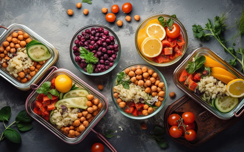 vegetarian salads with chickpeas, tomatoes, cucumbers, bell peppers, olives, spinach and black beans in bowls on gray background.