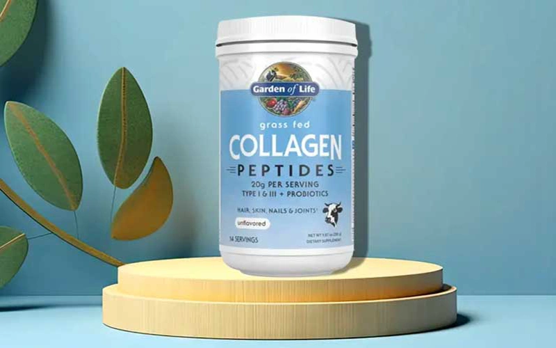 Garden of life collagen peptides on blue background.