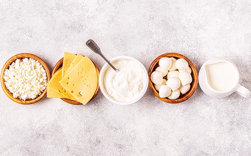 Probiotics fermented dairy products - yogurt, kefir, cottage cheese, mozzarella and gouda cheeses.