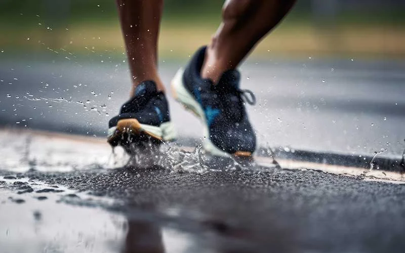 Man sprinting across a wet road with blurred background.