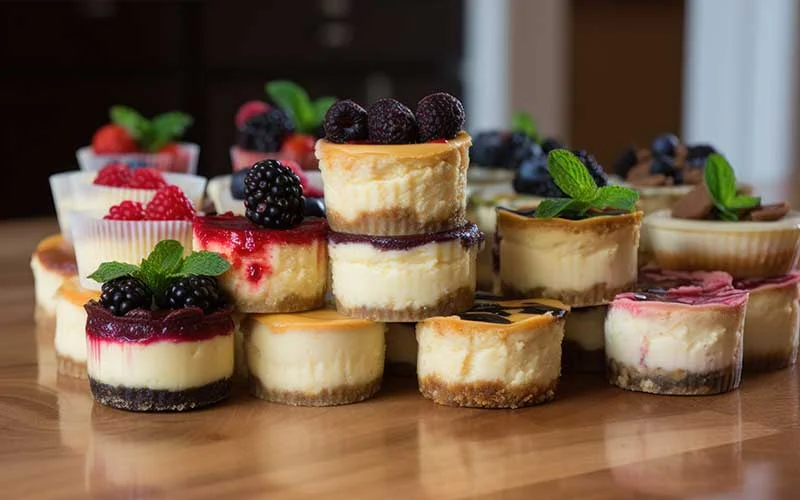 stack of miniature cheesecakes, each one with different flavor and topping.