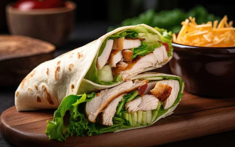 savory wrap filled with turkey, lettuce, and cheese.