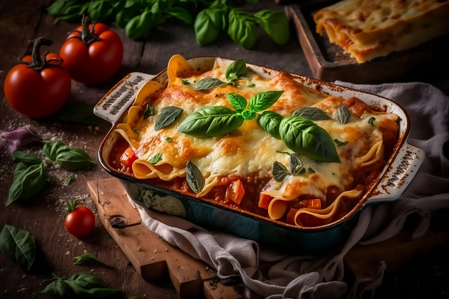 Homemade lasagna in juicy tomato sauce with cheese and herbs.