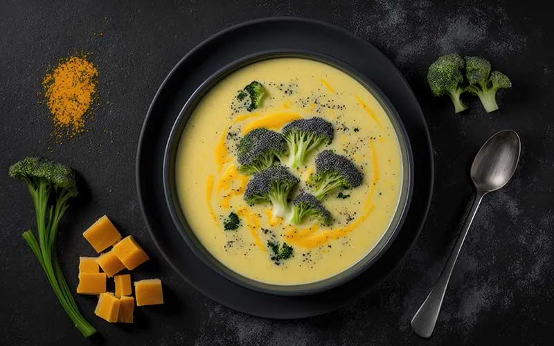 Low Carb Broccoli Cheese Soup On Black Matte Plate.
