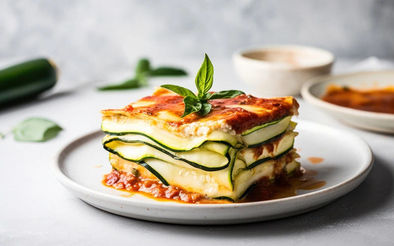 Zucchini Lasagna presented on a modern white ceramic plate on grey background.