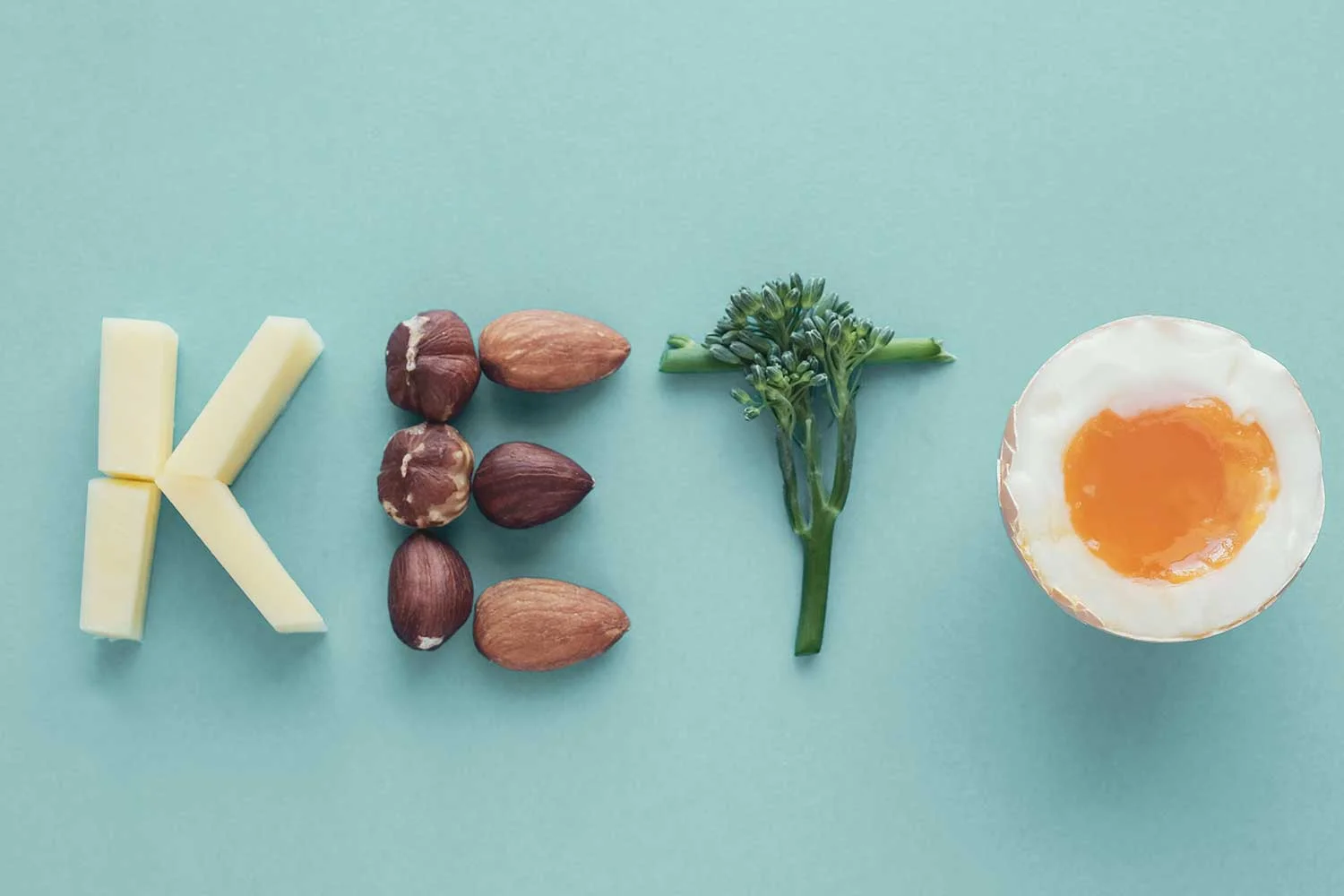 The word “keto” spelled out with keto-friendly, low-carb foods on a pastel blue background