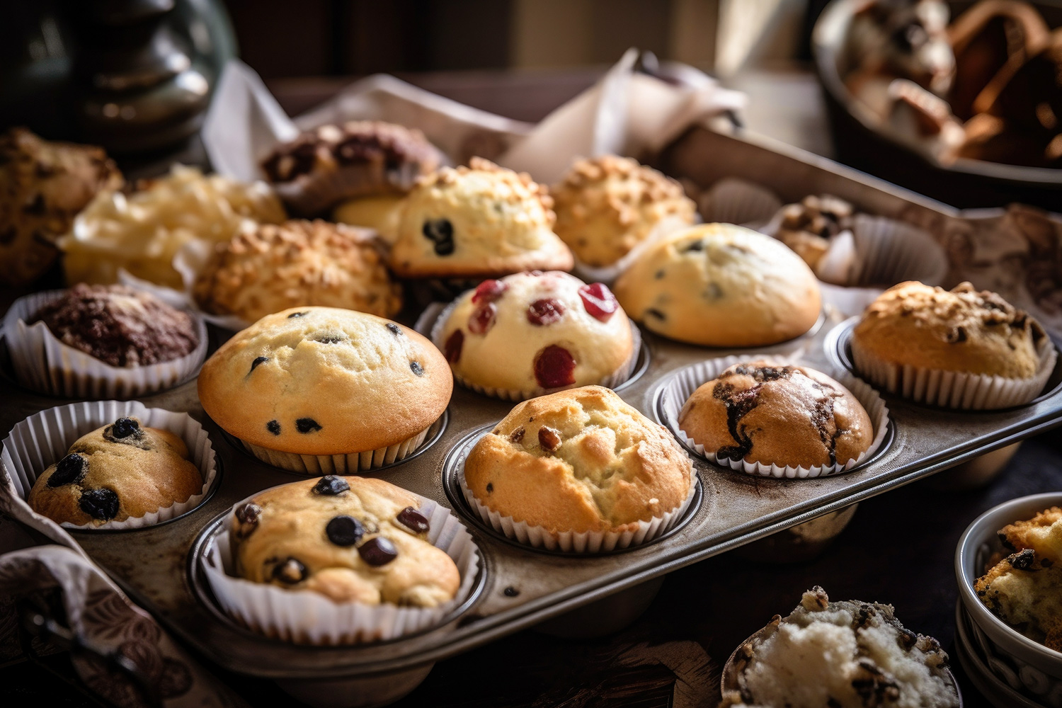 Muffin tin filled with various muffins