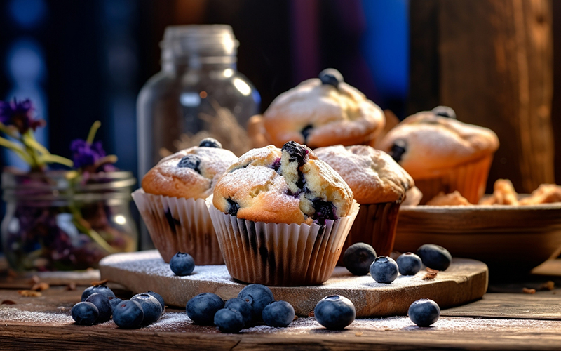 Fresh blueberry gluten free muffins on a wooden table