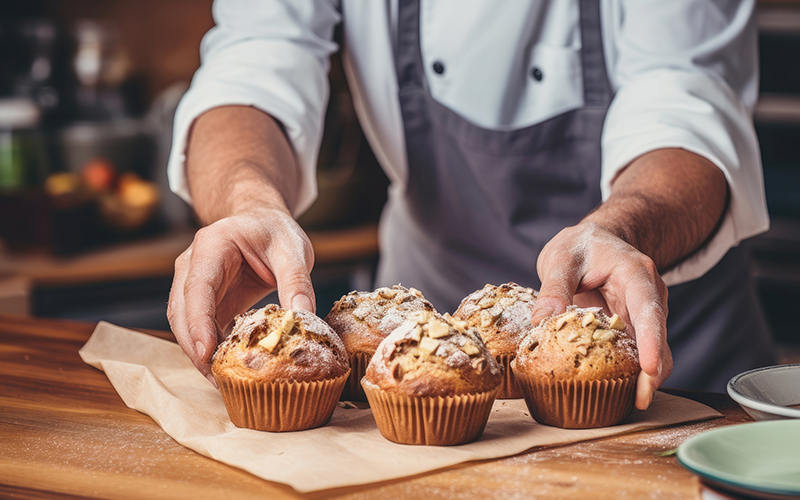 Close-up of a chef with freshly baked muffins on a wooden table