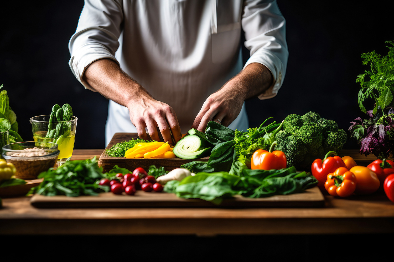 Healthy vegetables, oil on wooden background.