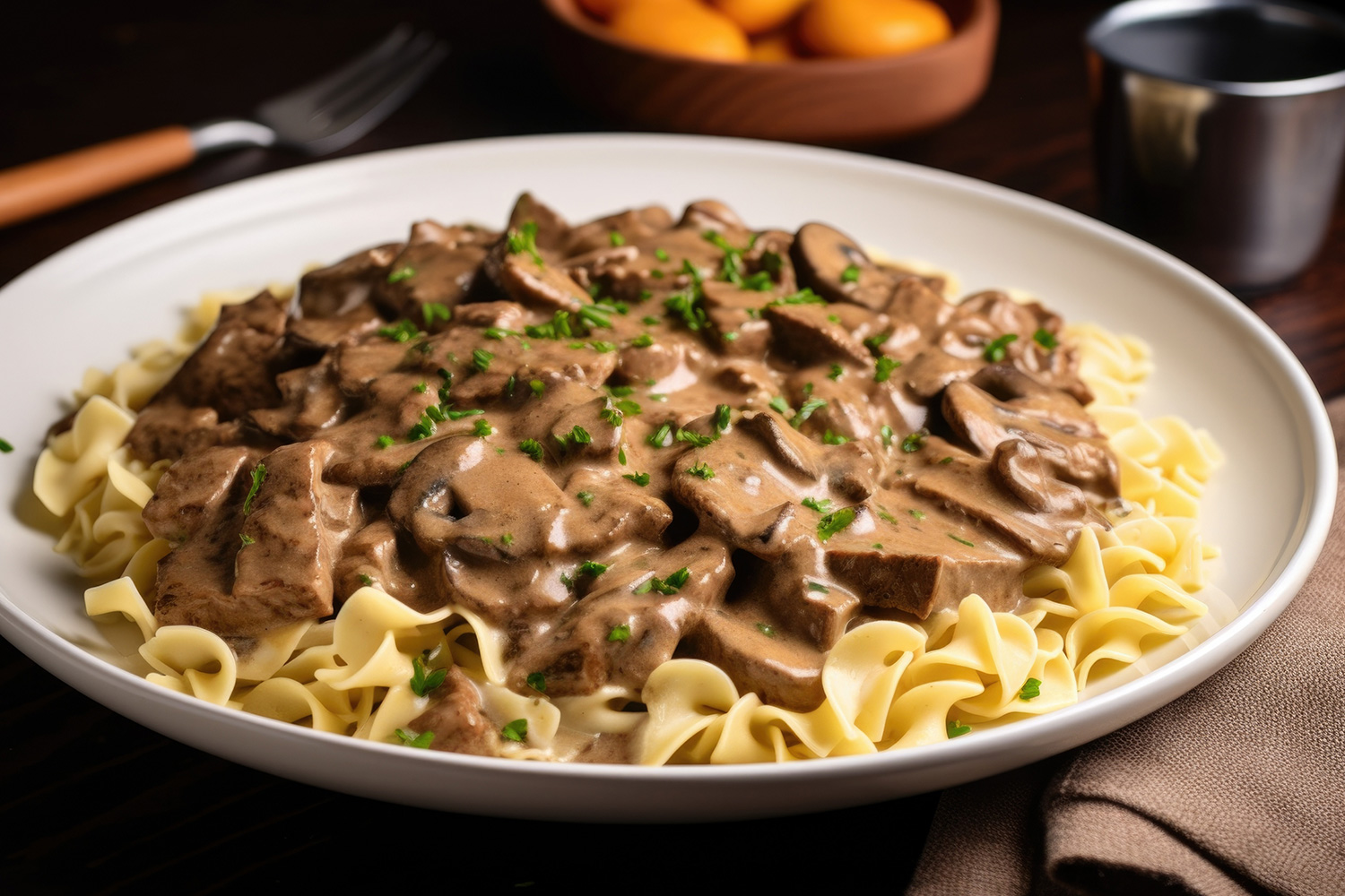 Beef stroganoff served over buttered egg noodles