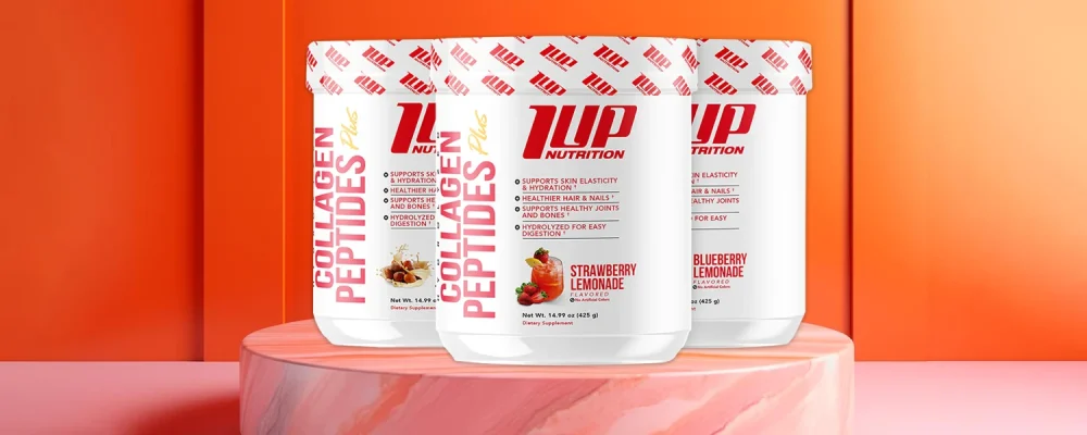 Different flavors of 1UP Hydrolyzed Collagen Peptides on orange background