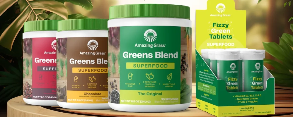 Amazing Grass Greens Blend Superfood on bright leafy background