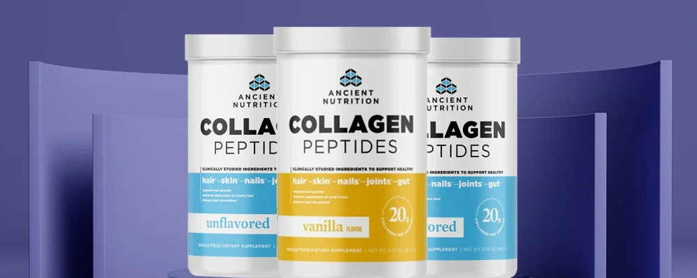 Ancient Nutrition collagen peptides on purple background