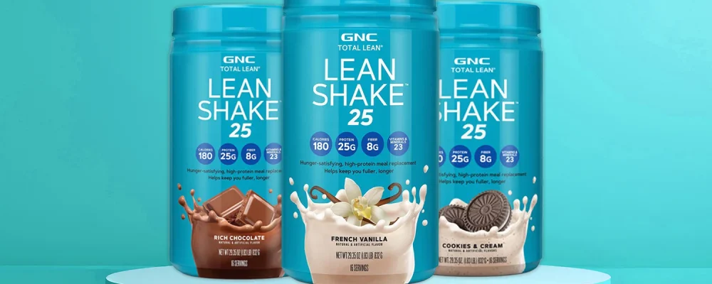 Different flavors of GNC Lean Shakes on blue background