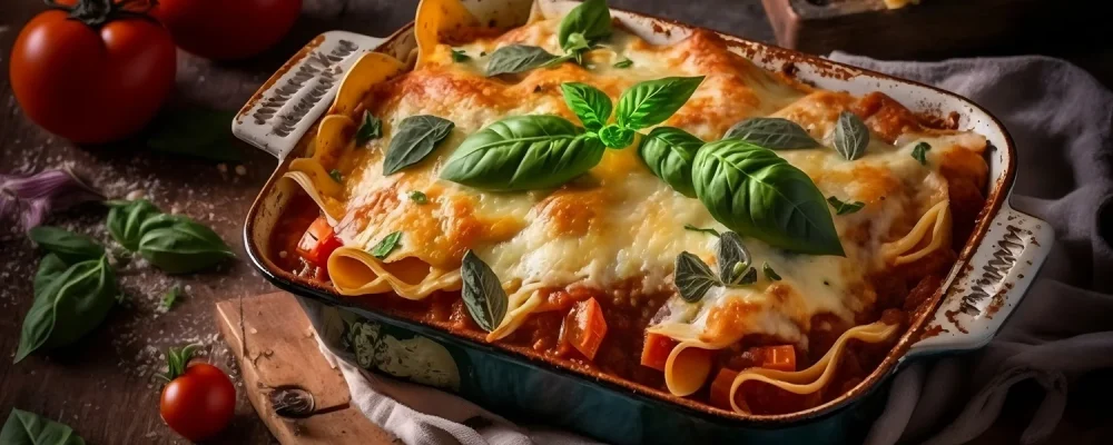 Homemade lasagna in juicy tomato sauce with cheese and herbs.