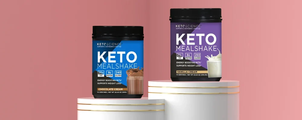 Keto Science ketogenic meal shake on pink background