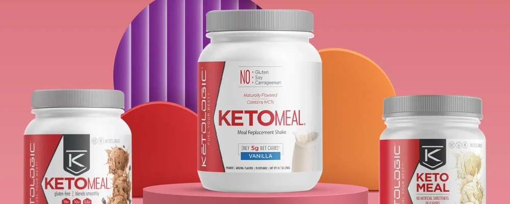 KetoLogic KetoMeal products on pink background