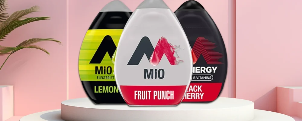 Different flavors of Mio water enhancers on pink background