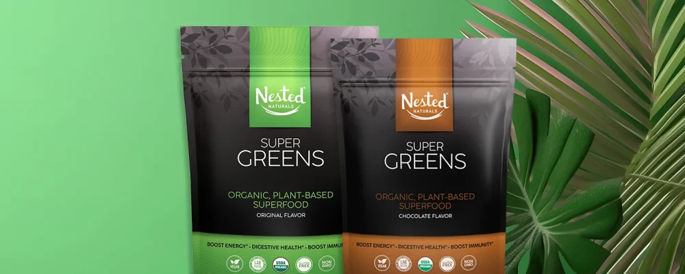 Nested Naturals Super Greens on green leafy background
