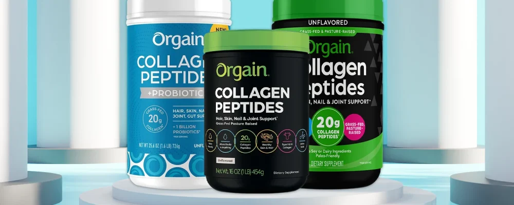 Different collagen products of Orgain on blue background