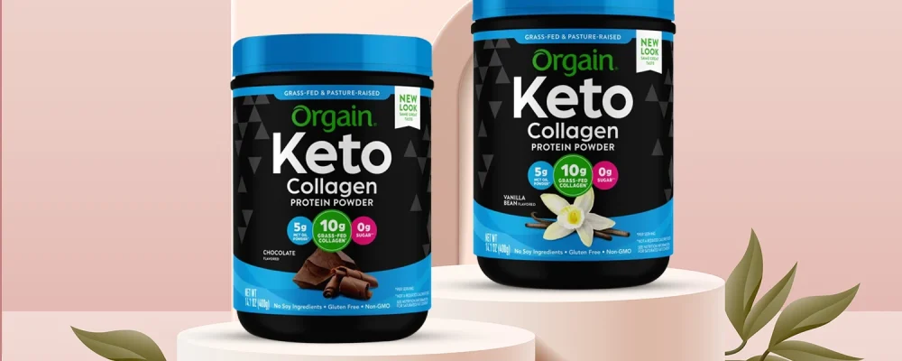 Orgain keto collagen protein powder on beige background