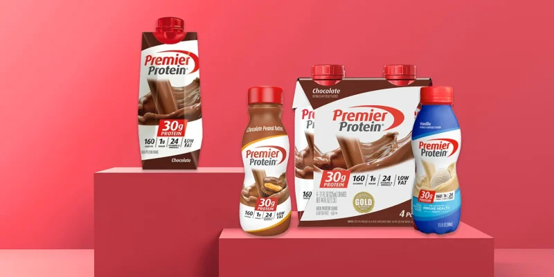 Premier Protein Shakes on red background