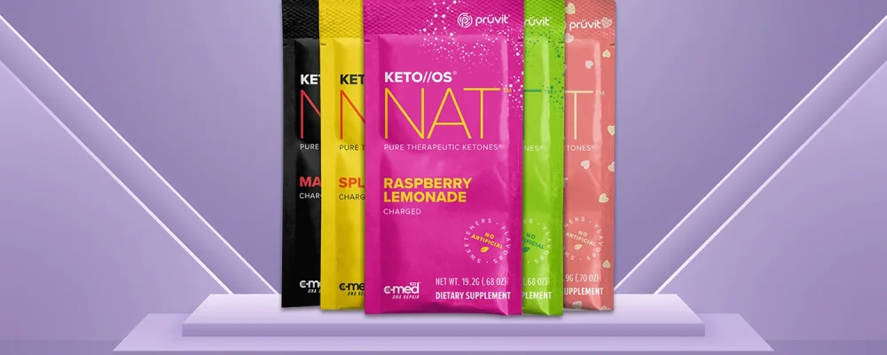 Pruvit KETO OS NAT product packets on purple background