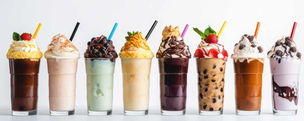 Shakes made with chocolate, strawberry, and vanilla ice cream set against a white backdrop.