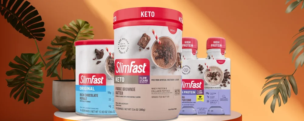 SlimFast Keto Shake products on leafy background
