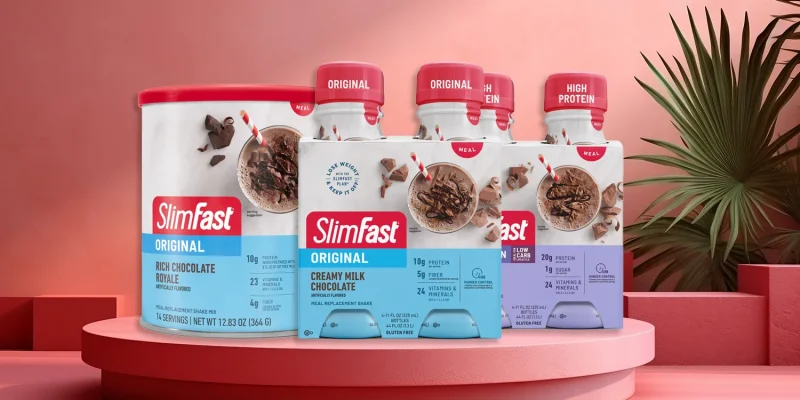 Shake products of Slimfast on pink leafy background