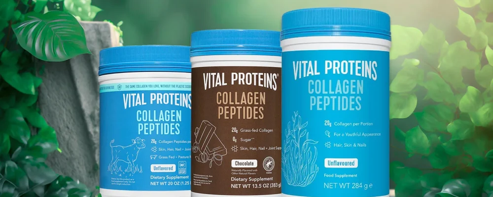 Different flavors of Vital Proteins collagen peptides in leaf background